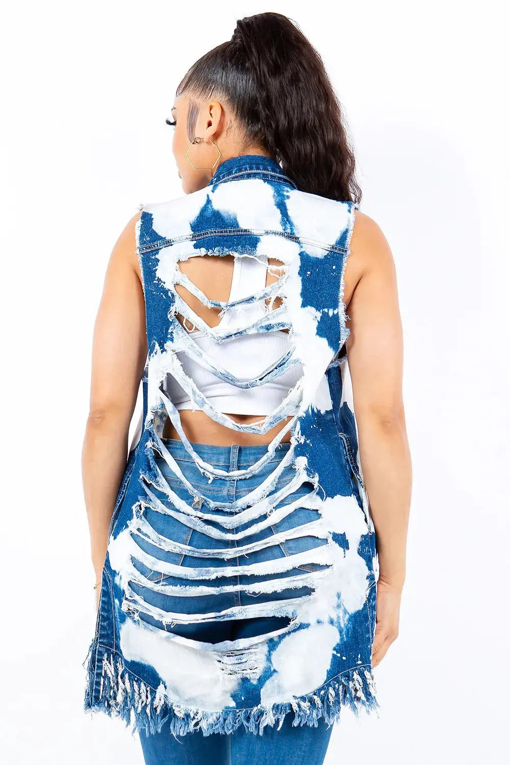 Denim Vest - Distressed Frayed Edge - Longline