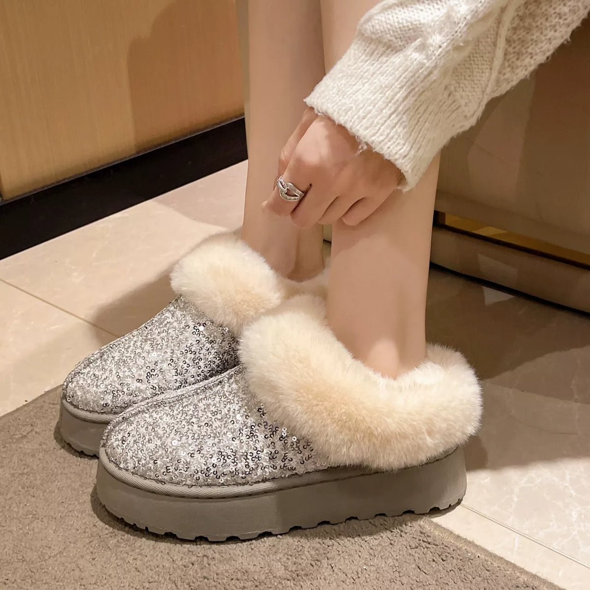 Sequin Round Toe Platform Boots