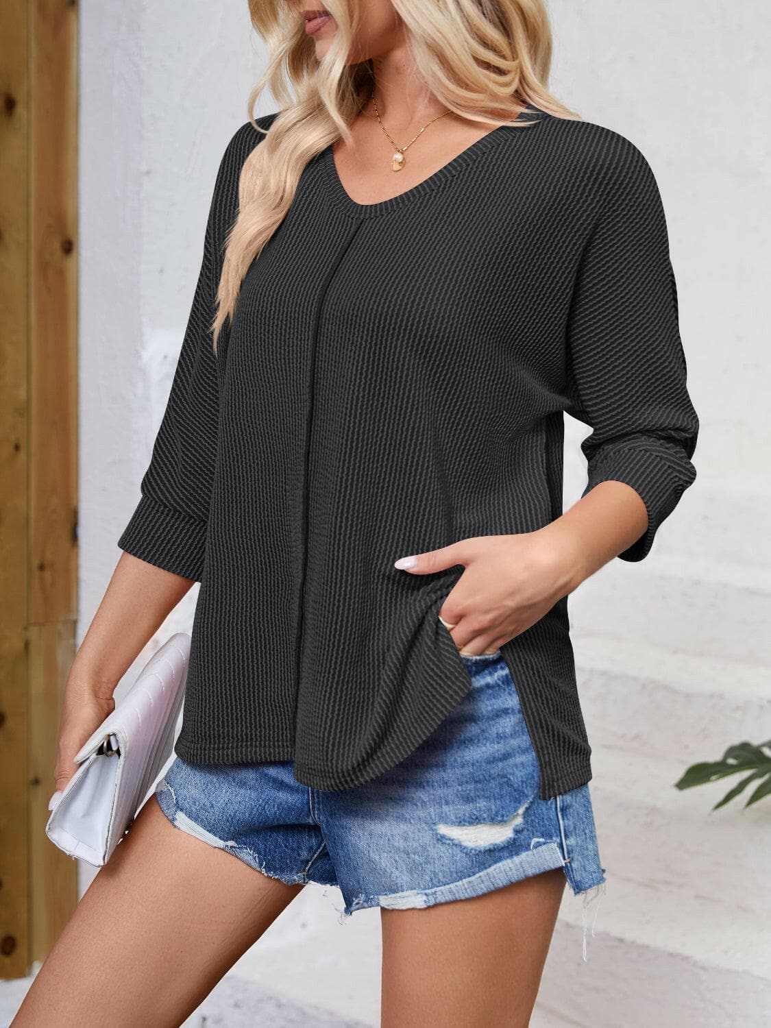 T-Shirts Trendsi just arrived - Textured 3/4 sleeve blouse