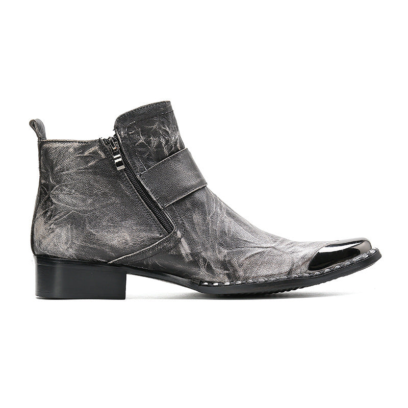 Chunky Heel Cowhide Gray Motorcycle Boots