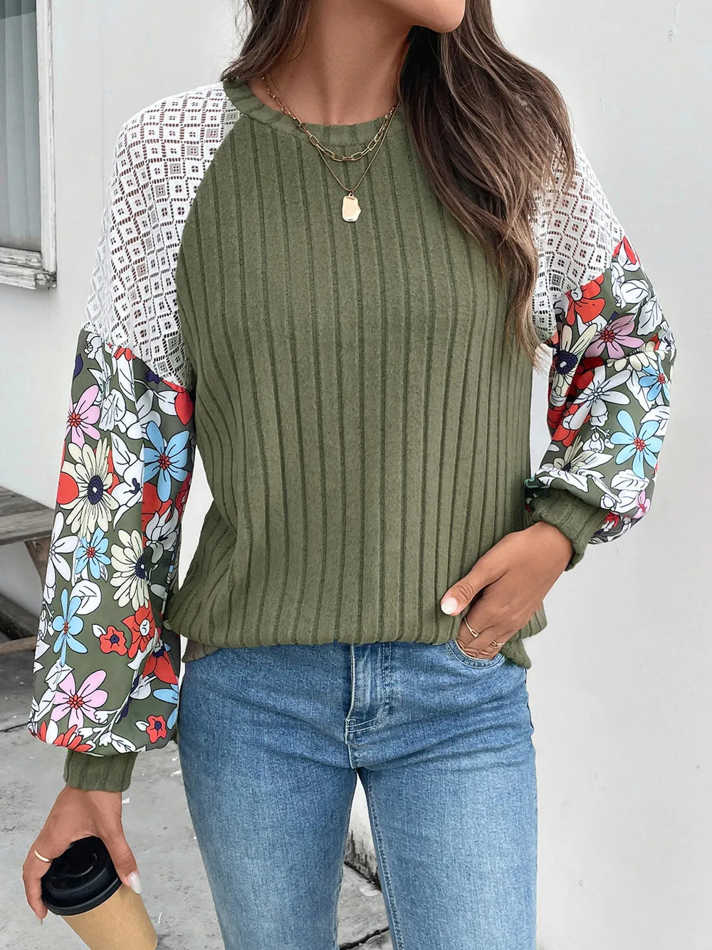 Perfee Printed Round Neck Long Sleeve Knit Top