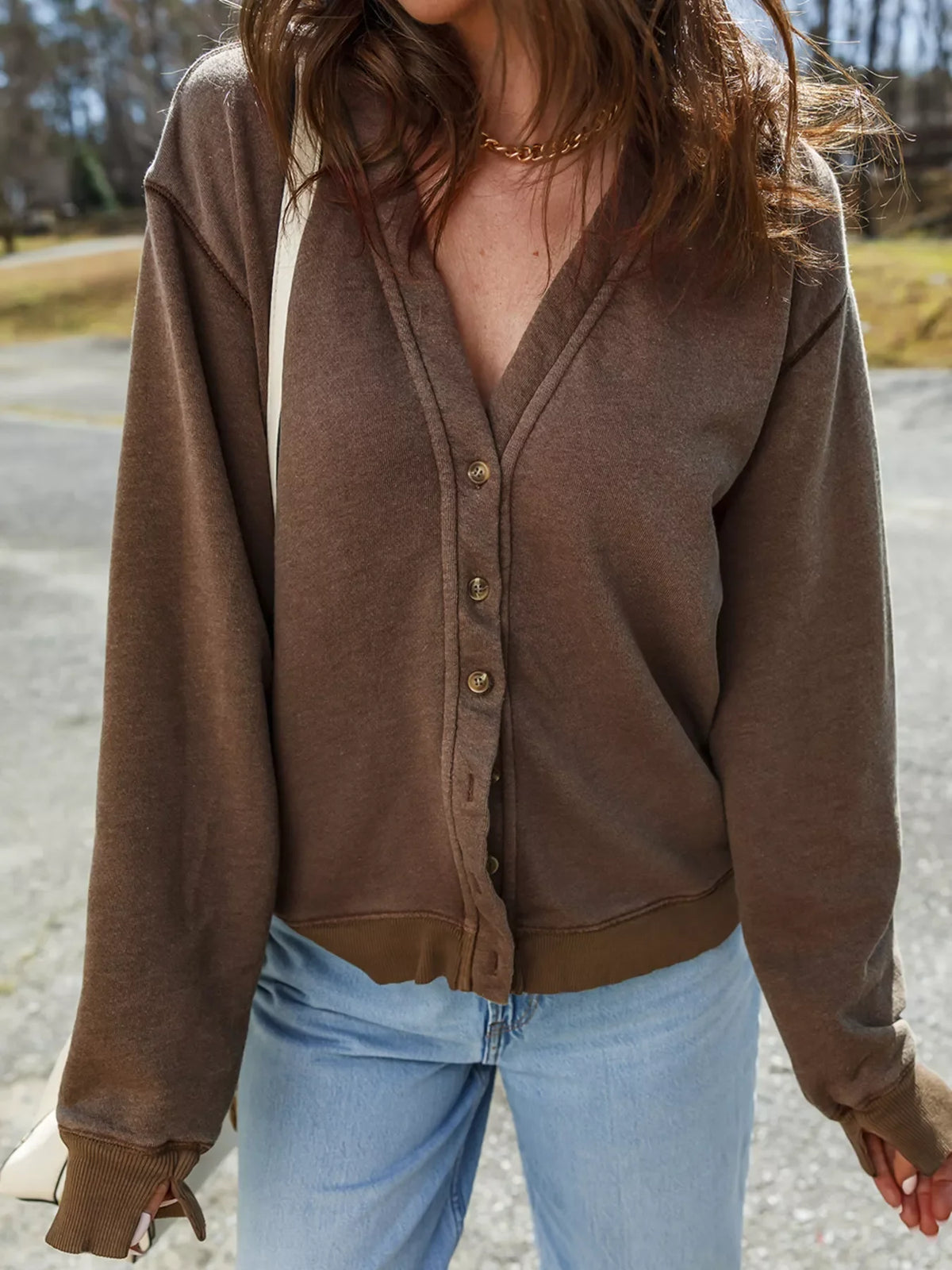 Button Front V Neck Casual Cardigan