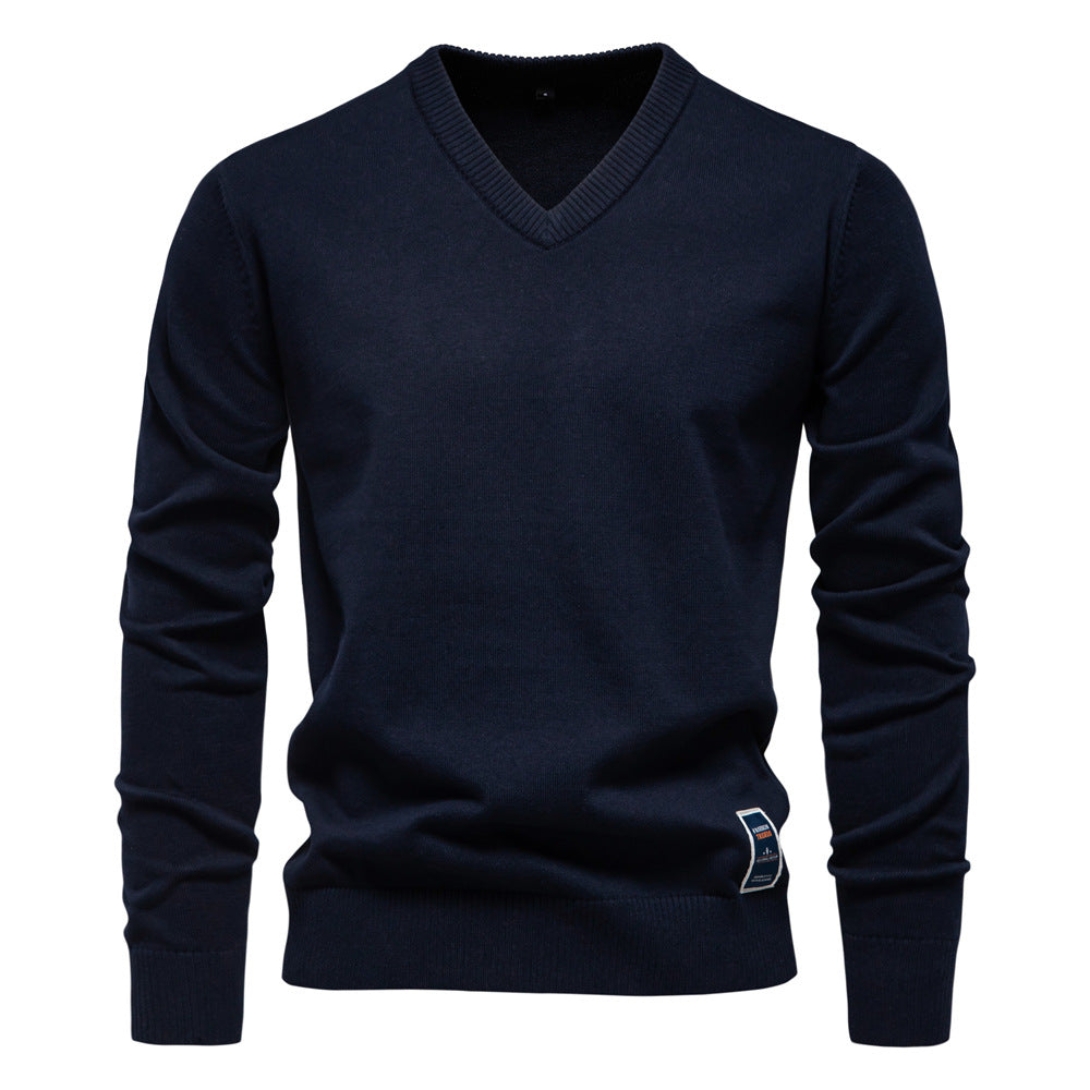 Autumn And Winter New Cotton Cross-border Trade Solid Color Sweater V-Neck Trendy Men's Sweater Men's Sweater
