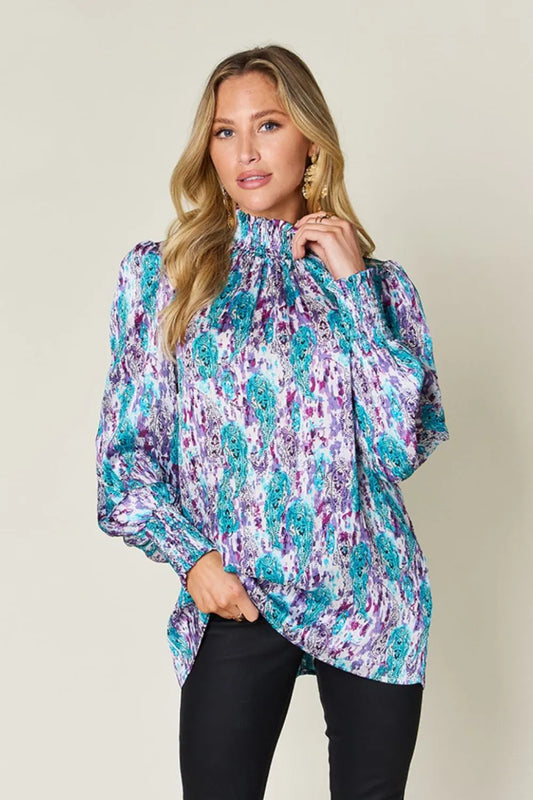 Blusa fruncida de manga larga con estampado Double Take de talla completa