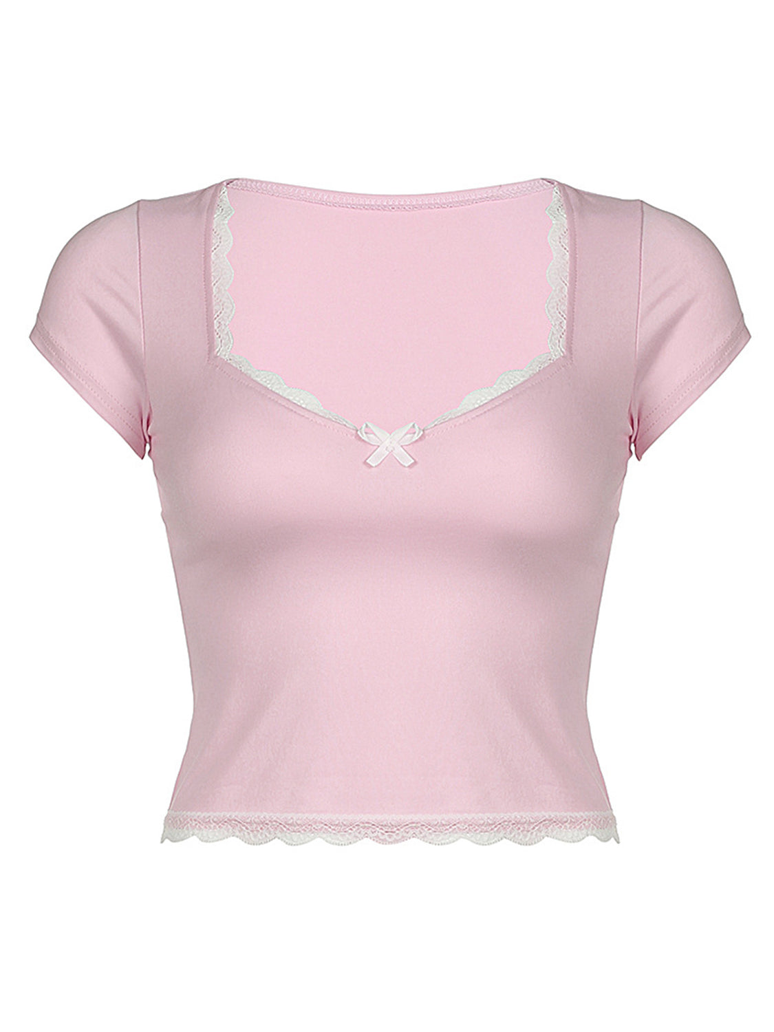 Camiseta de manga corta con cuello corazón y detalles de encaje