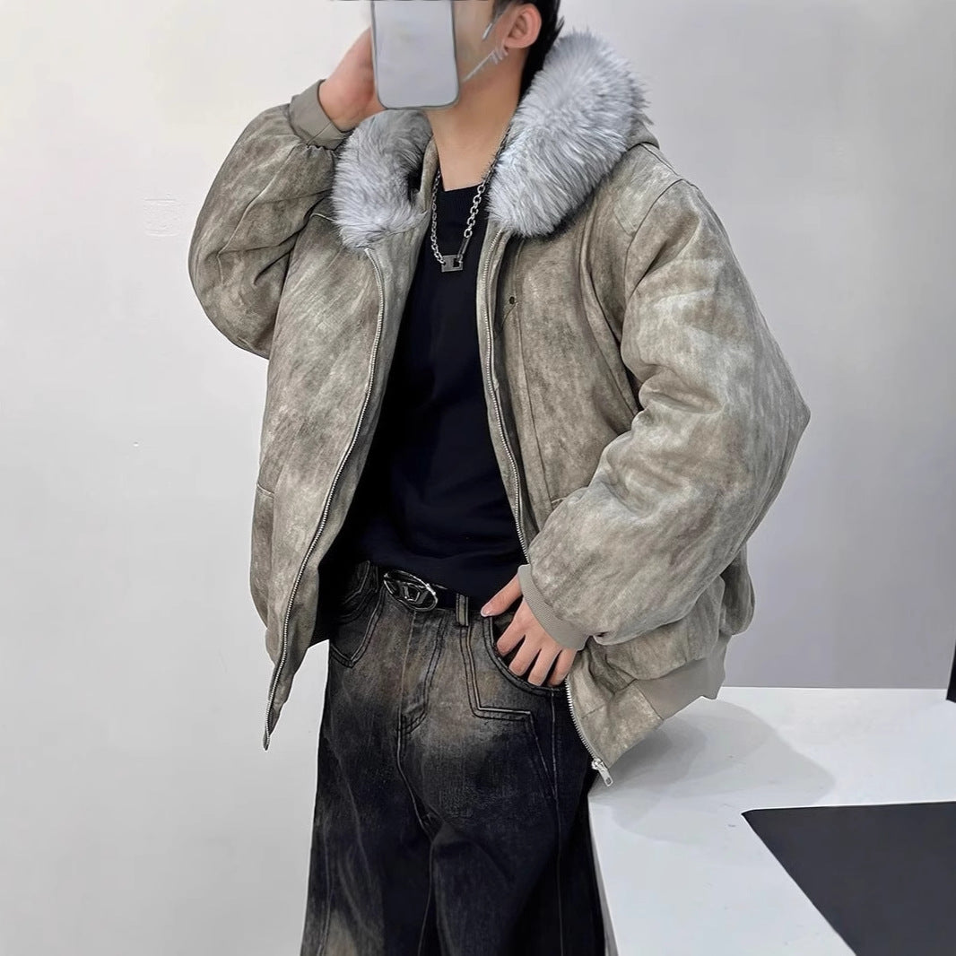 Hooded Large Fur Collar Cotton-padded Coat For Men Thick Warm Jacket