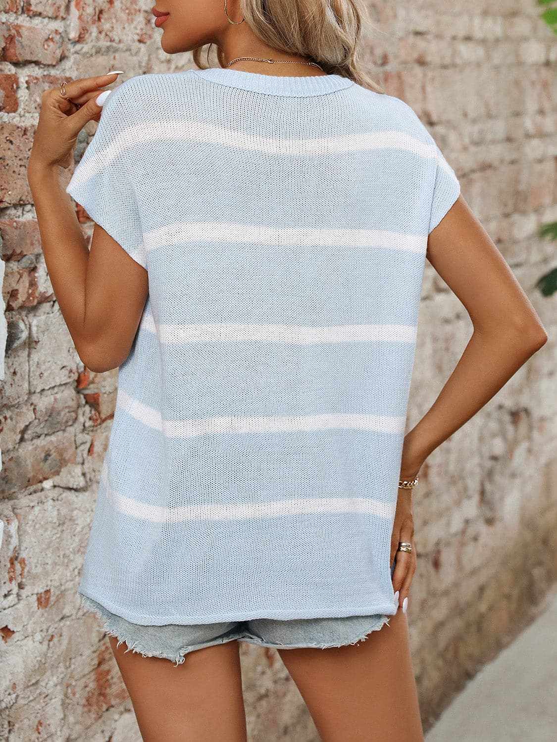 Sweaters Trendsi Chic striped knit top - round neck, short sleeves