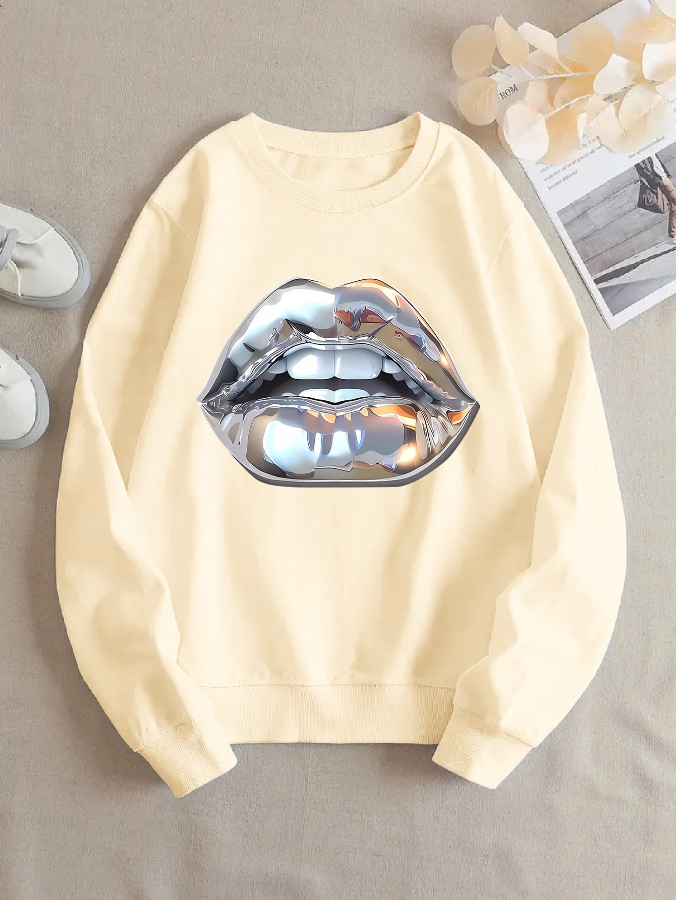 Womens Cartoon Silver Lip-Printed Sweatshirt See size chart under “more details”