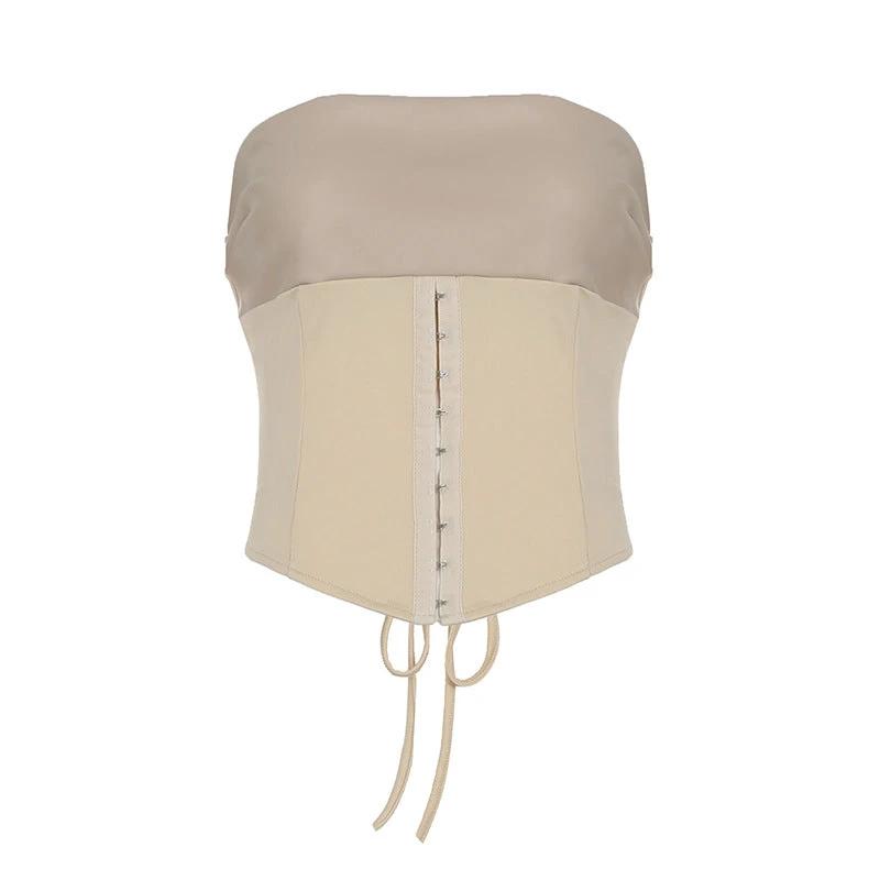 Lace-up Tube Top Leather Look Low Rise Hip Belted Skirt Set