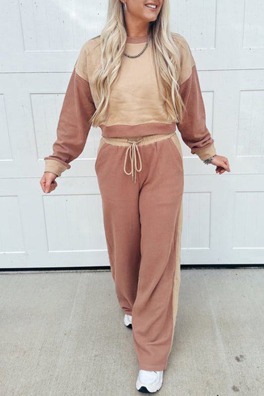 Conjunto de pantalón con cordón y top corto de manga larga con bloques de color caqui