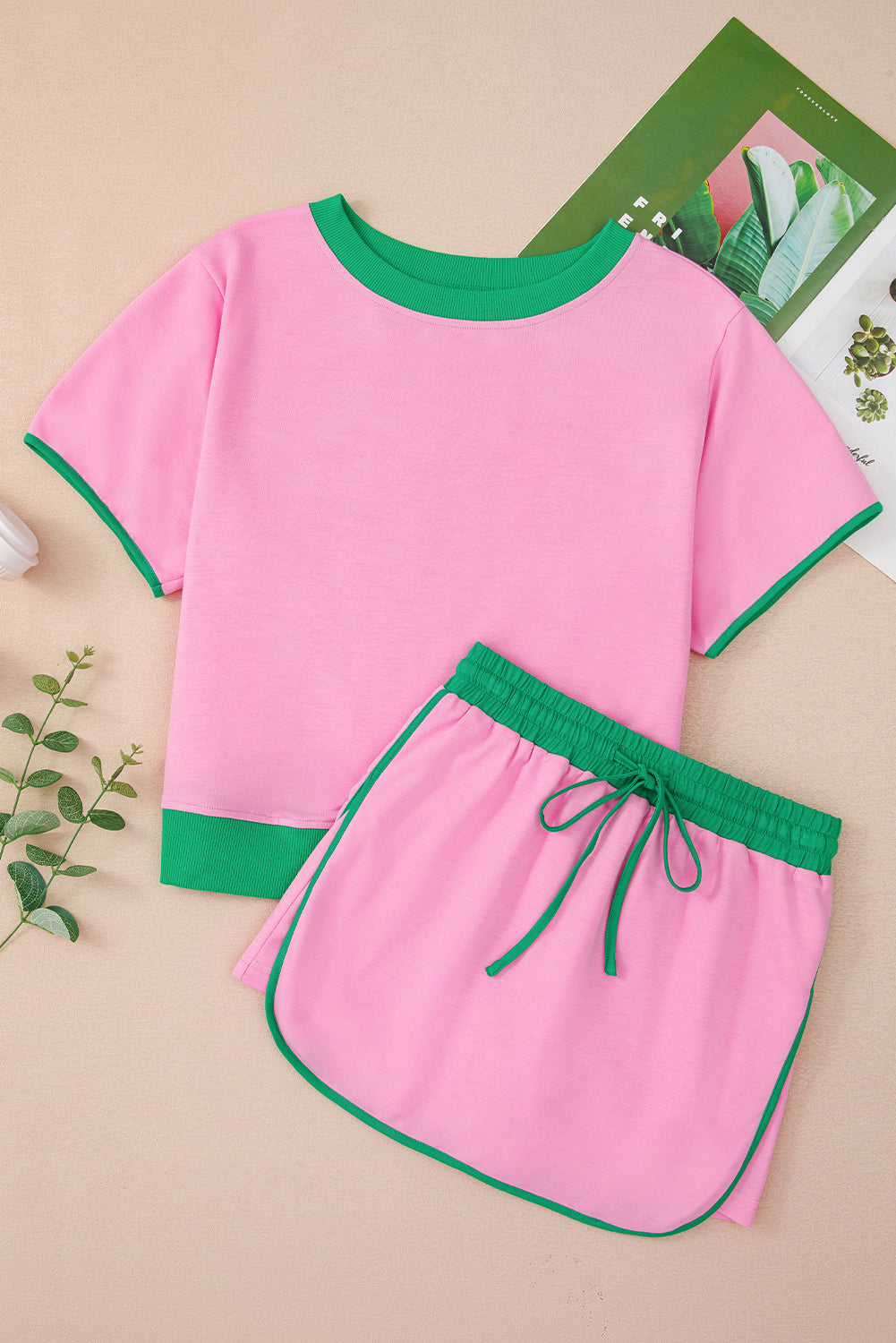 Conjunto de 2 piezas de camiseta y falda pantalón con hombro caído y bloques de color Bonbon
