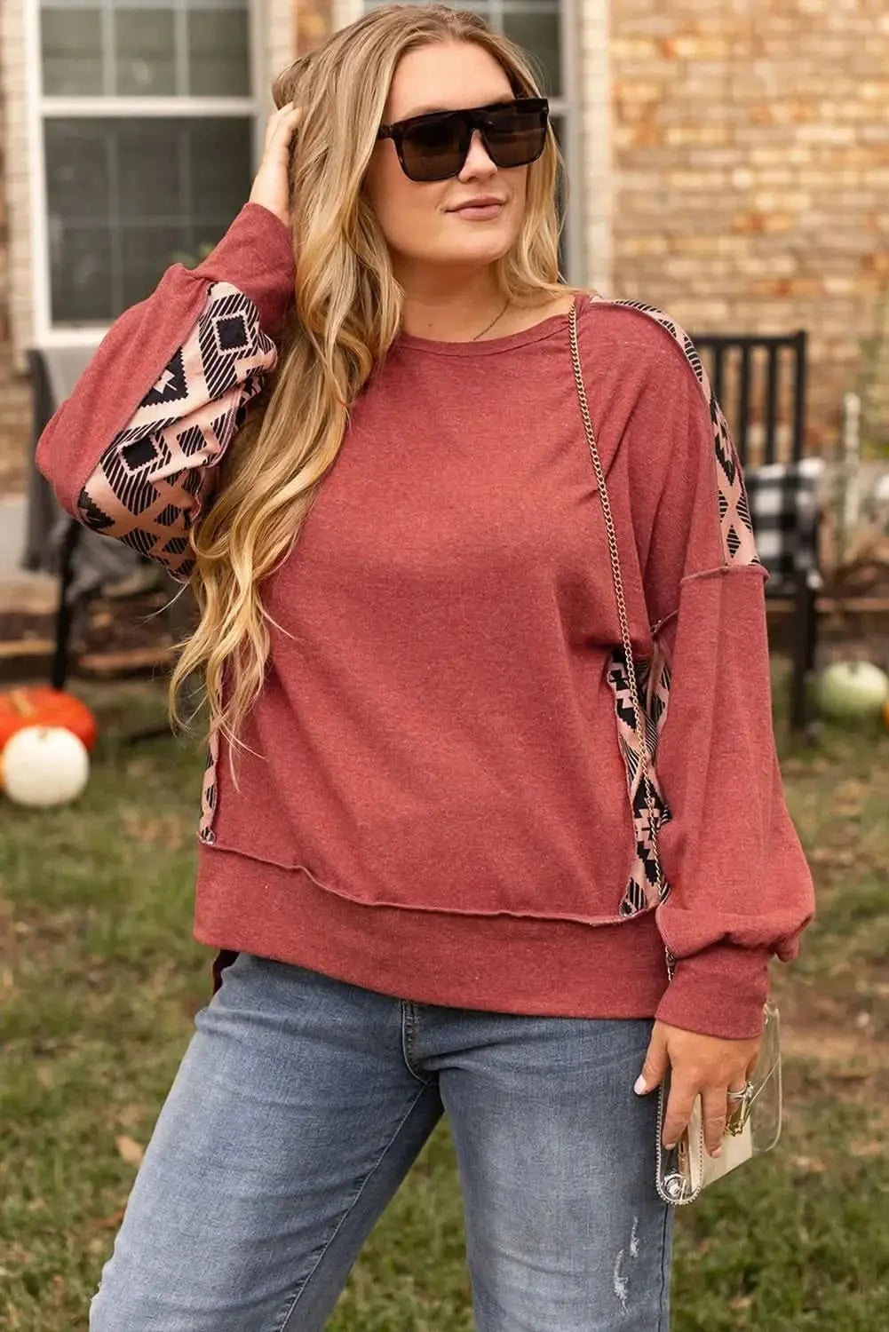 Plus Size Geometric Sweatshirt by Trendsi | Rust Color