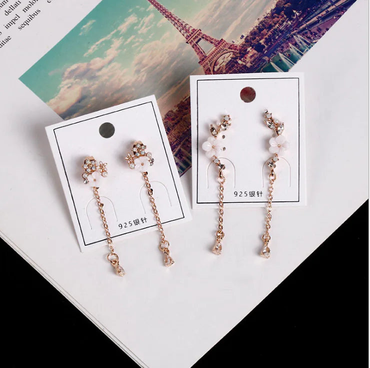 Pendientes largos de copo de nieve con diamantes de imitación y pines de plata 925
