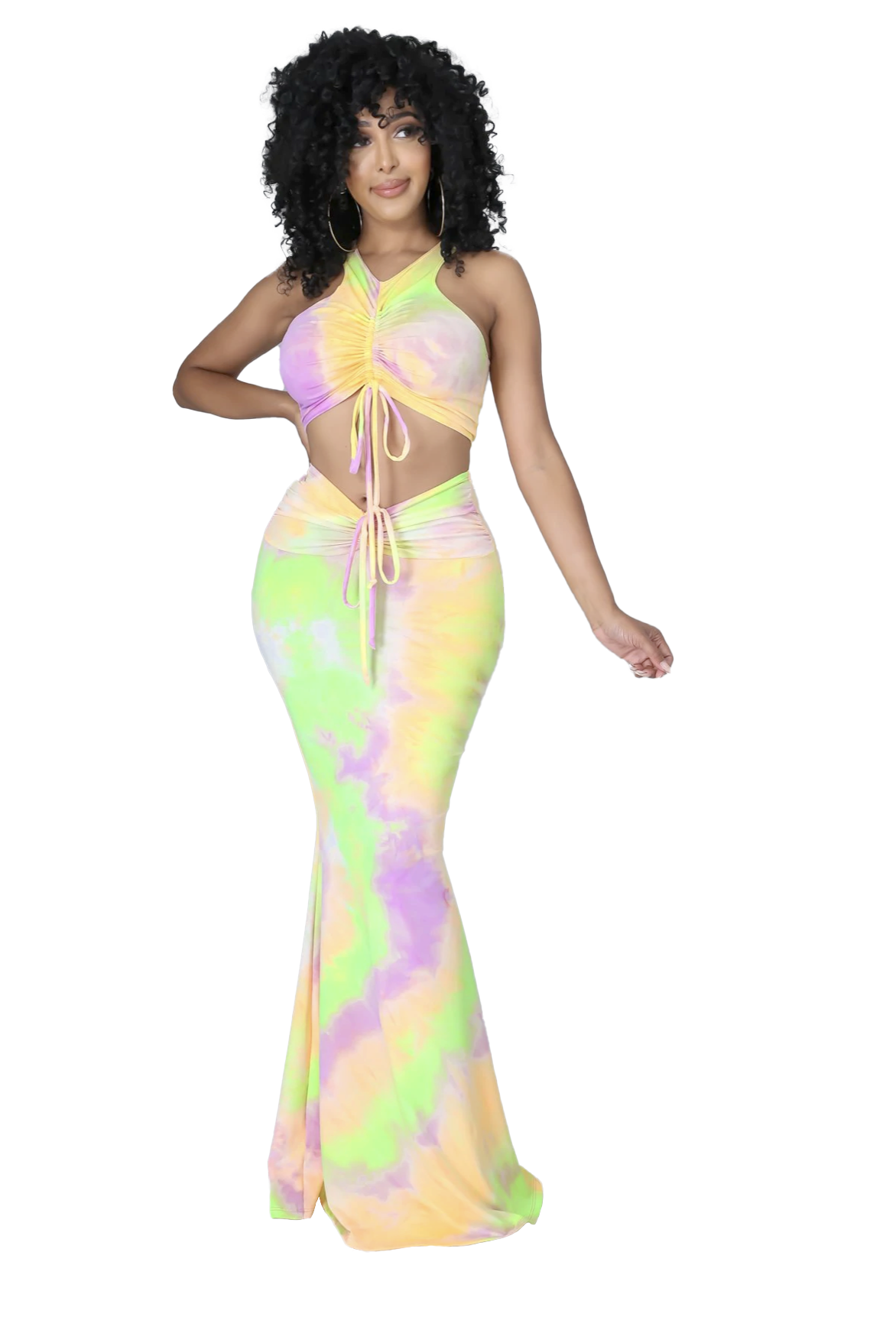 Conjunto de 2 piezas de top corto fruncido tie dye neón y falda maxi