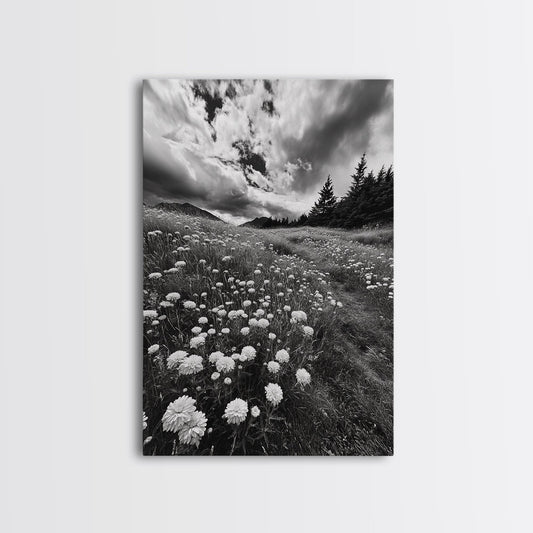 Wildflower Field, Stormy Sky, Mountain Meadow, Framed Canvas Print, Cottagecore Art, Bedroom Wall Art, Black White Nature Print