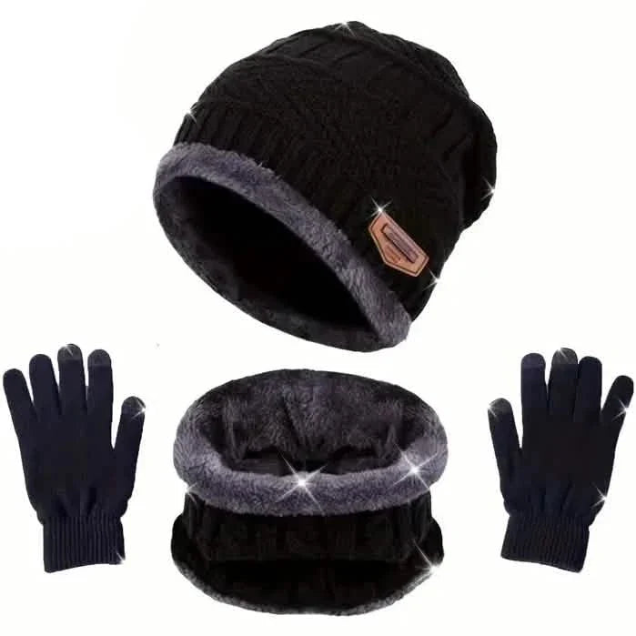 3-Piece Set: Black Knit Hats Warm Beanies Winter Neck Gaiter Elastic Gloves