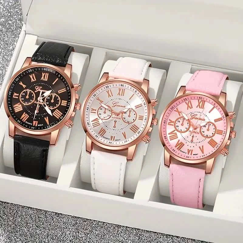3-Pieces: Roman Quartz Women's Watches - Fashionable Round Dial with Faux Leather Strap