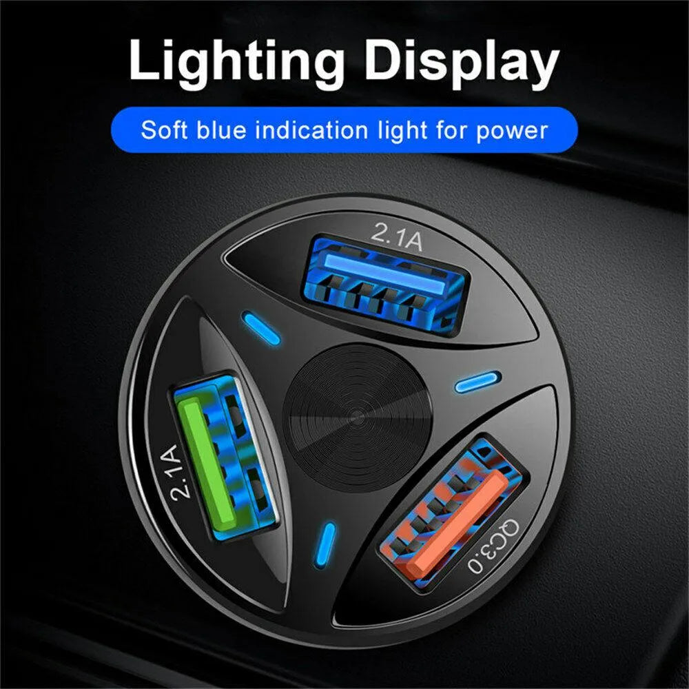 3 Port Fast LED White Car Charger + 3 in 1 Cable Combo Gold