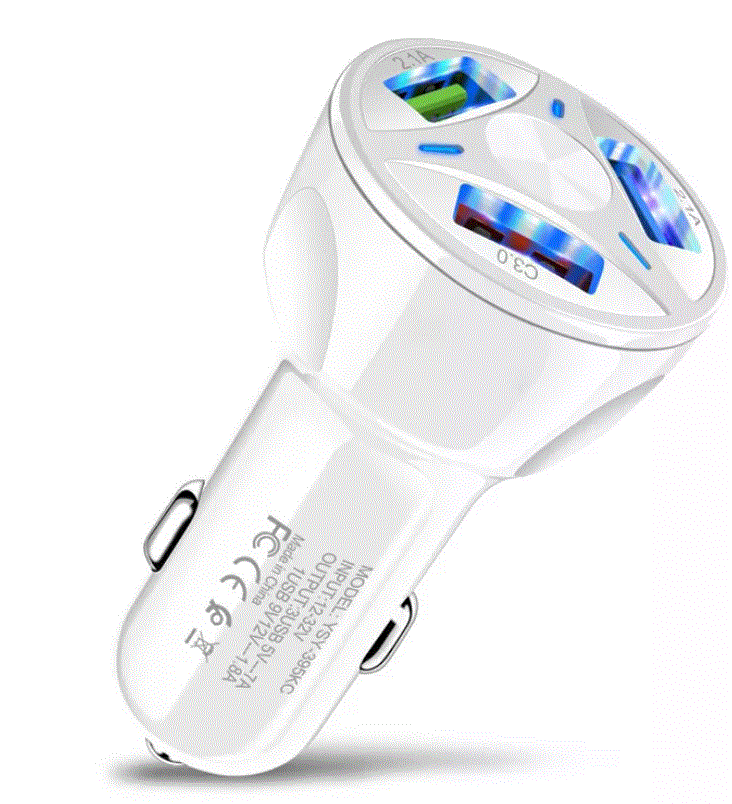 3 Port Fast LED White Car Charger + 3 in 1 Cable Combo Gold