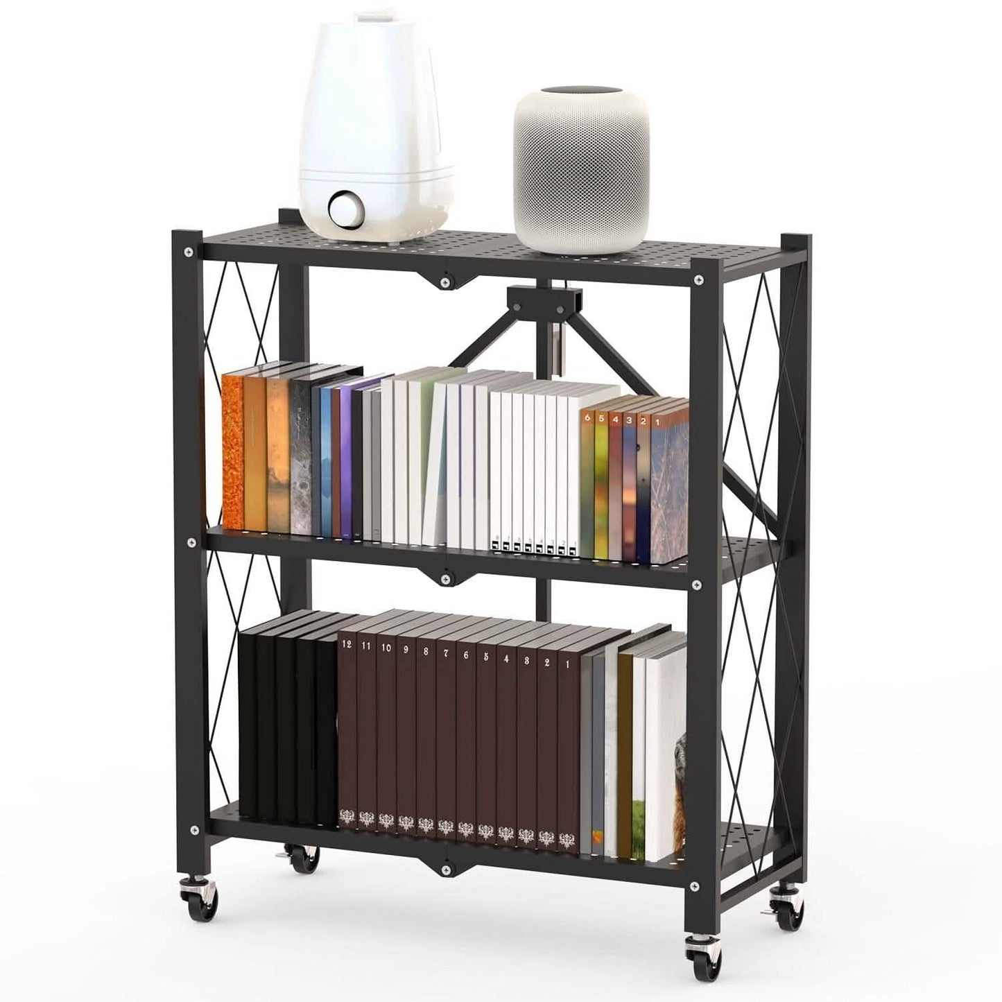 3-Tier Foldable Storage Shelf with Lockable Wheels No Assembly