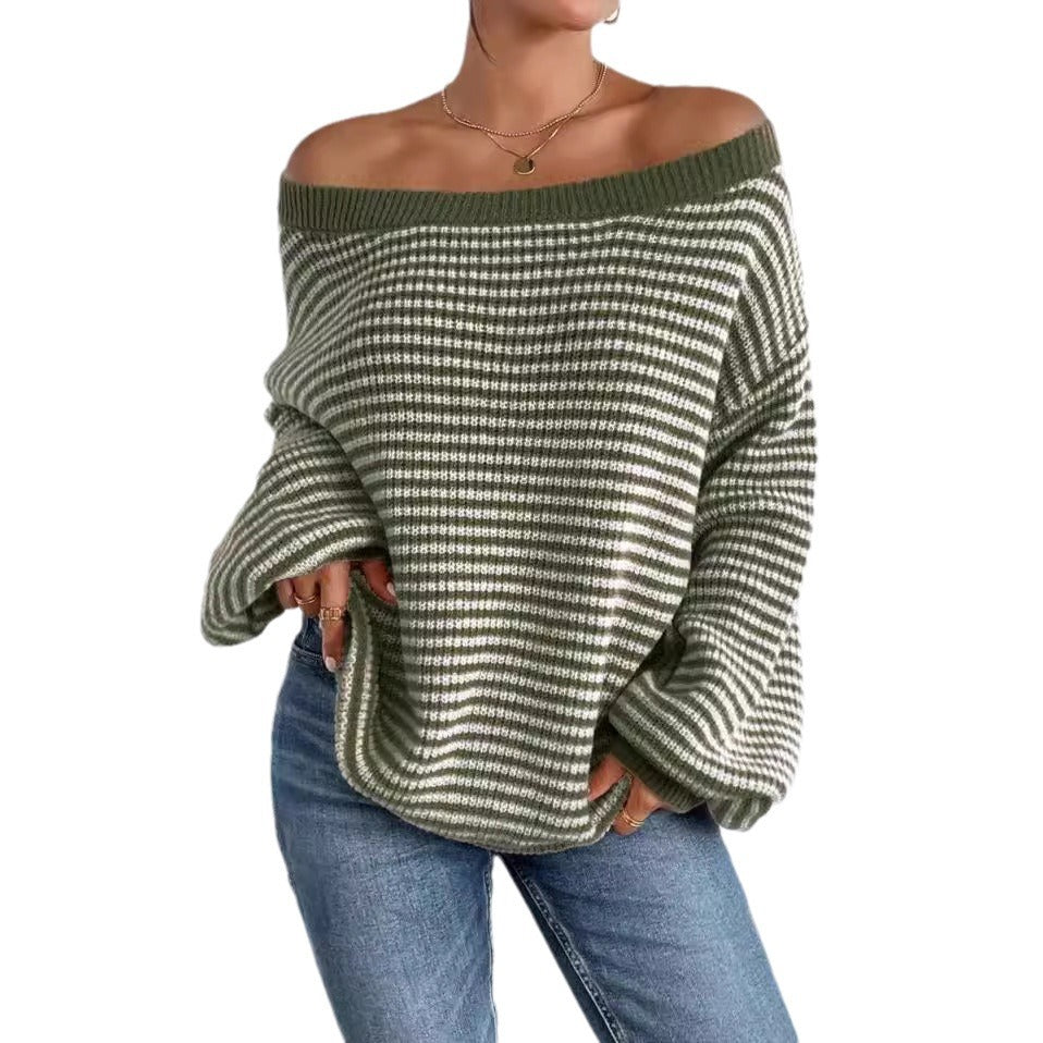 Off-The-Shoulder Knit Sweater With Loose Fit, Color-Blocked Stripes, Lantern Sleeves, Women's European And American Style Red Sweater, Autumn And Winter, High-End Feel