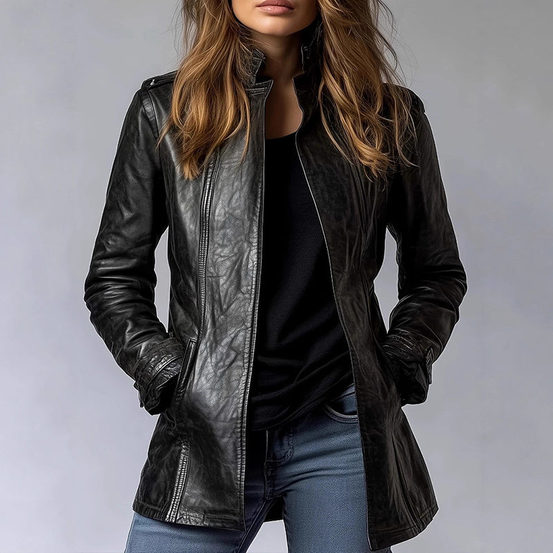 Chaqueta de PU estilo vintage - Abrigo de cuero tipo cárdigan abierto de largo medio con bolsillos