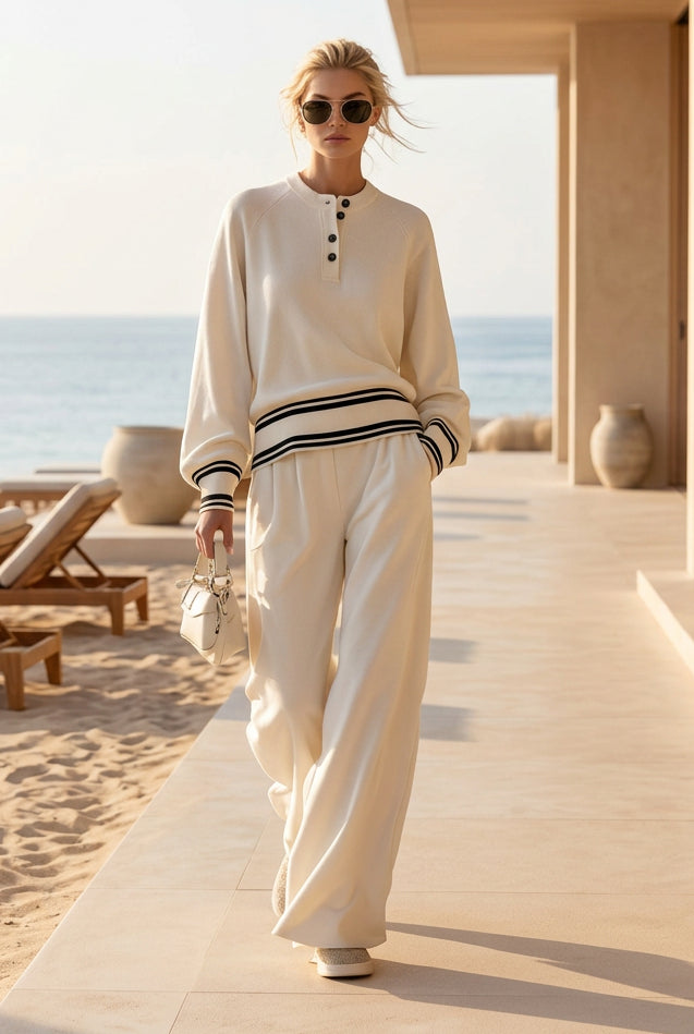 Women's Striped-Trim Henley Top & Wide-Leg Pants Set