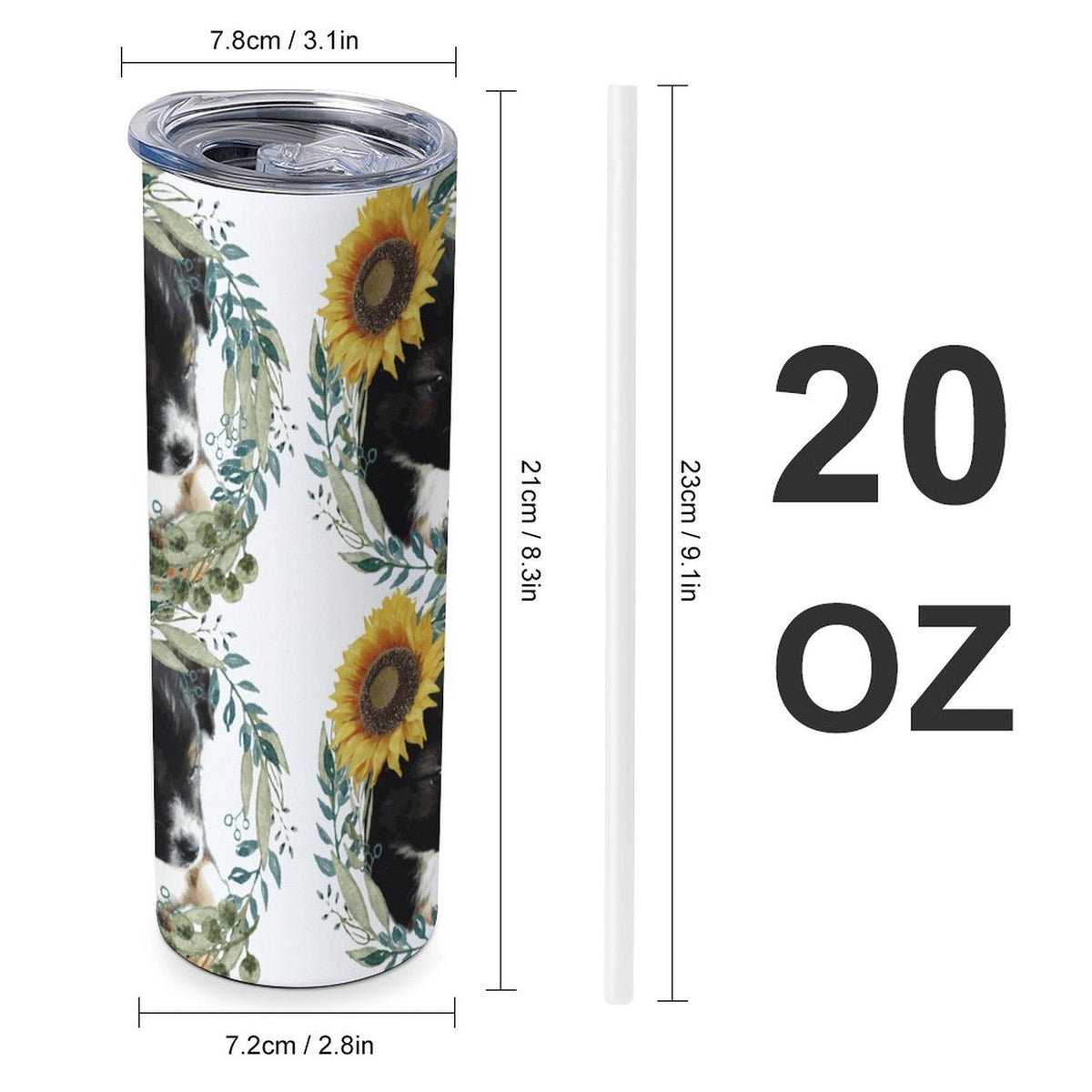 Cute Black Puppy with Sunflower 20oz Large Capacity Tumbler with Lid