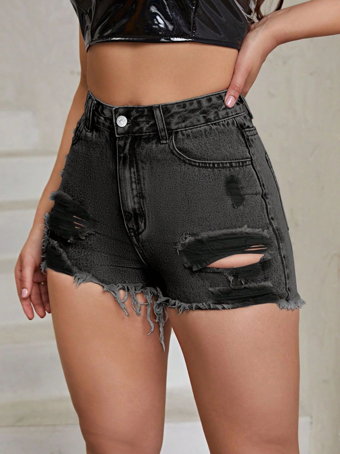 Distressed Raw Hem High Rise Denim Shorts