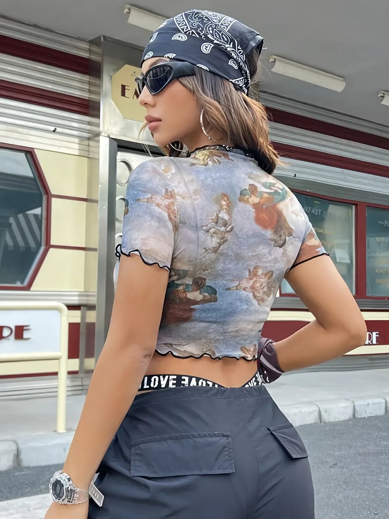 Abstract Print Ruffled Mock Neck Crop T-Shirt | Trendy Streetwear – Bona Fide Fashion