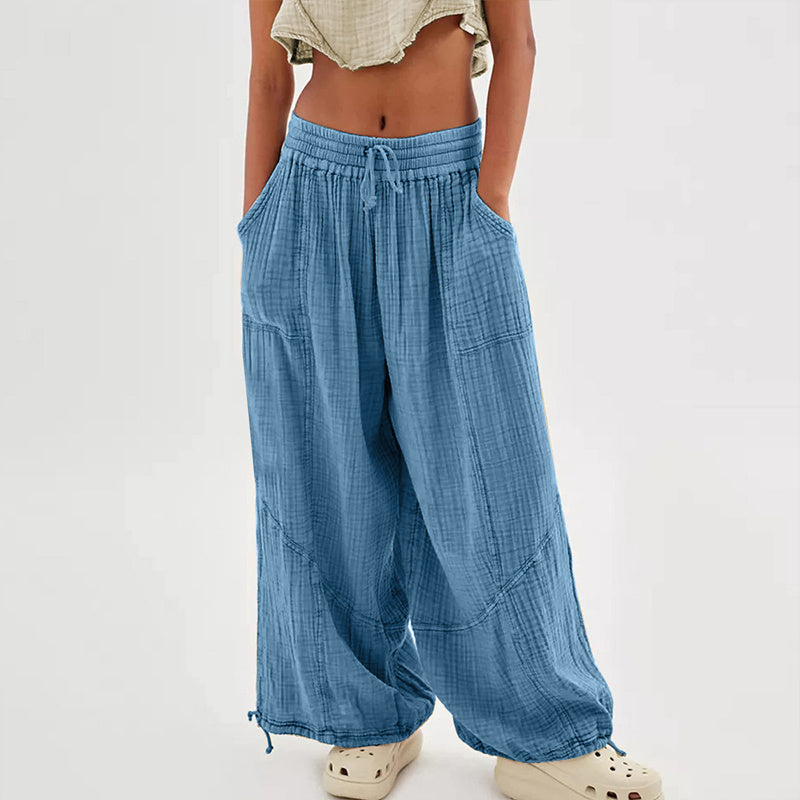 Pantalones de pernera ancha de color liso para mujer – Cintura elástica con cordón y bolsillos laterales