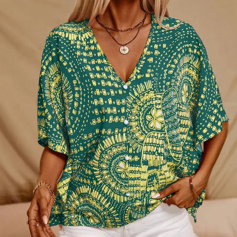 Blusa con cuello en V y estampado de mandala – Top casual de vacaciones