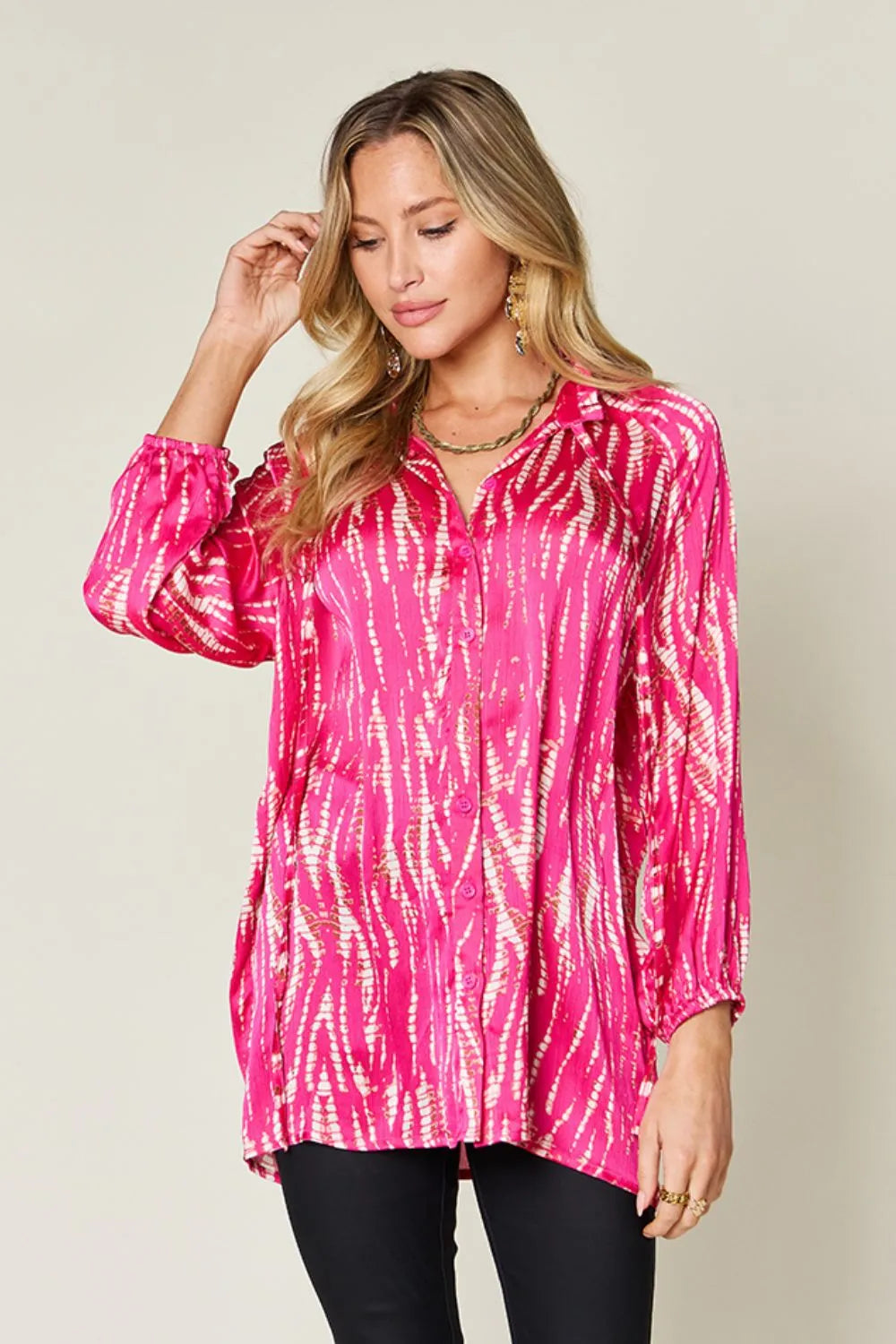 Camisa abotonada de manga larga estampada Full Size Double Take
