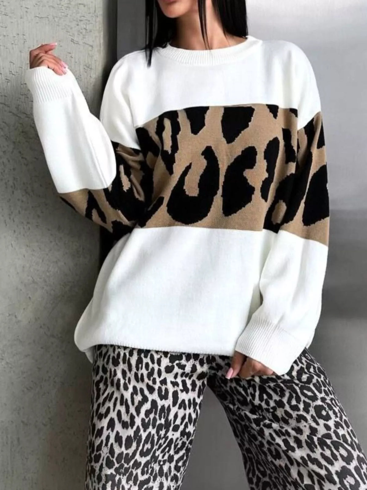 Leopard Color Block Round Neck Sweater