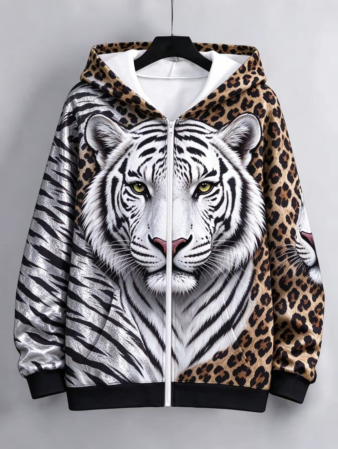 Women's European American Style Zip Up Hooded Cardigan Sweatshirt, Big Face Animal Print, All Over Leopard Print, Loose Casual Trendy Jacket