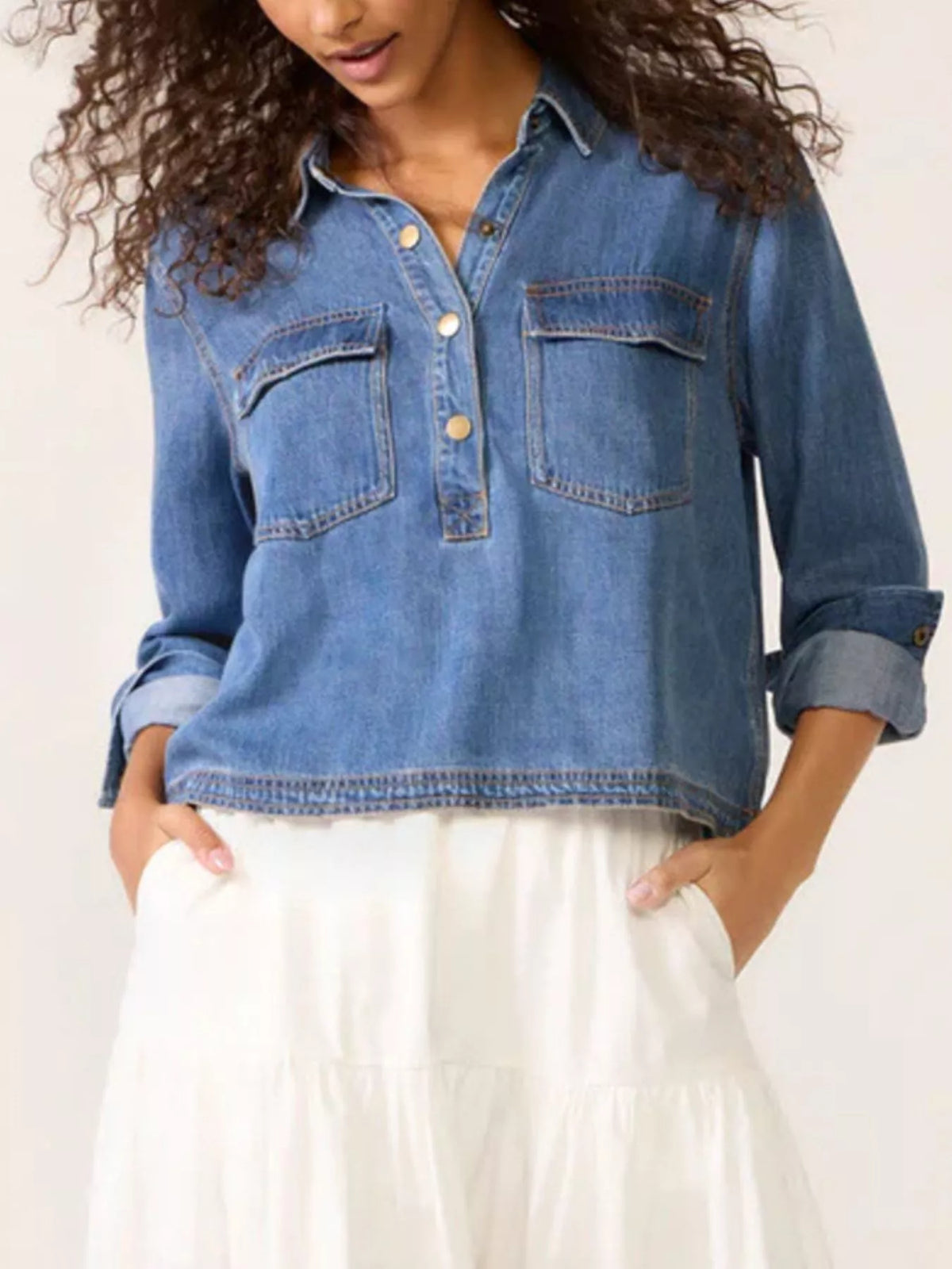 Half Snap Cropped Denim Top