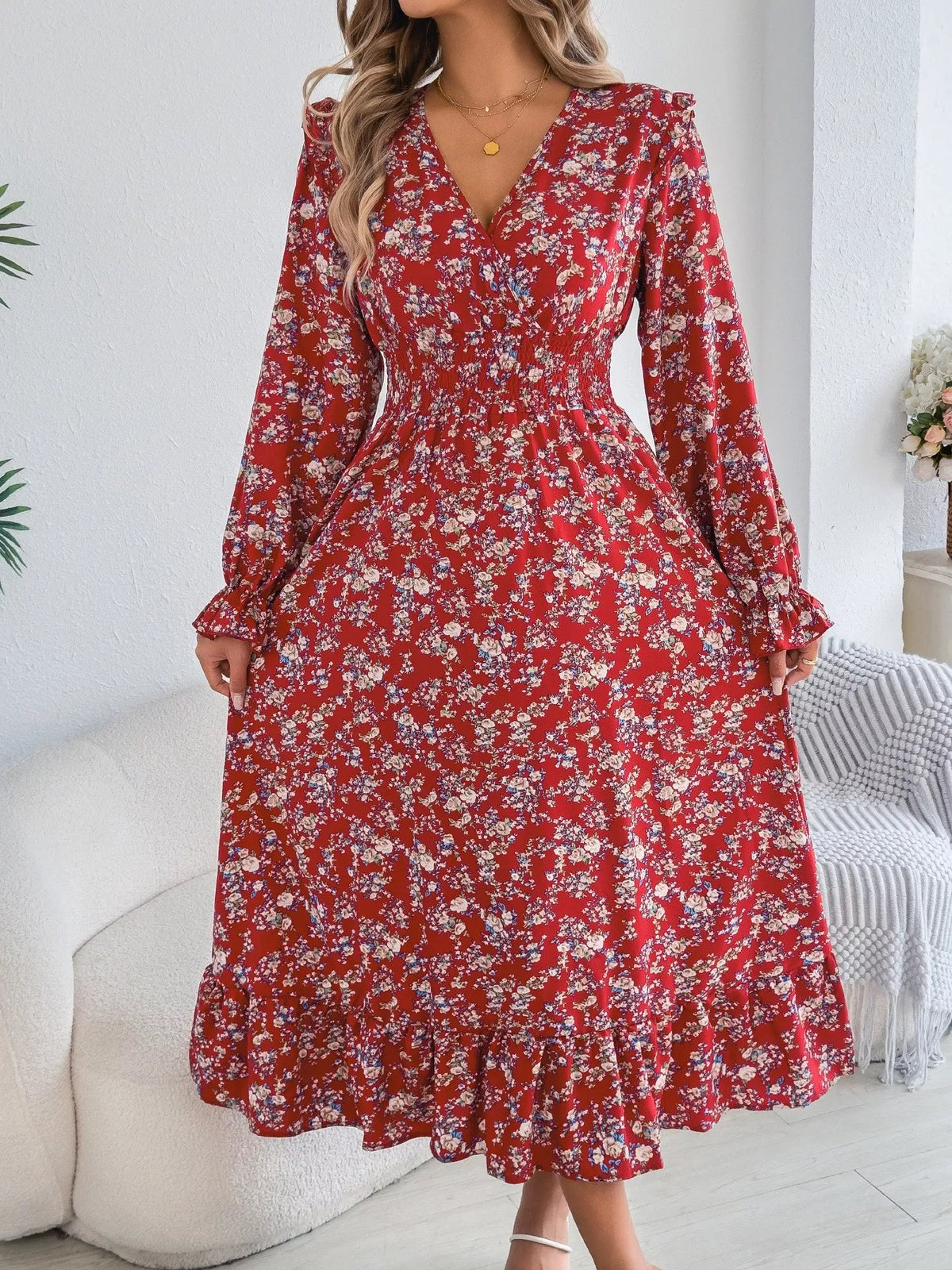 Ruffled Floral V-Neck Flounce Sleeve Dress