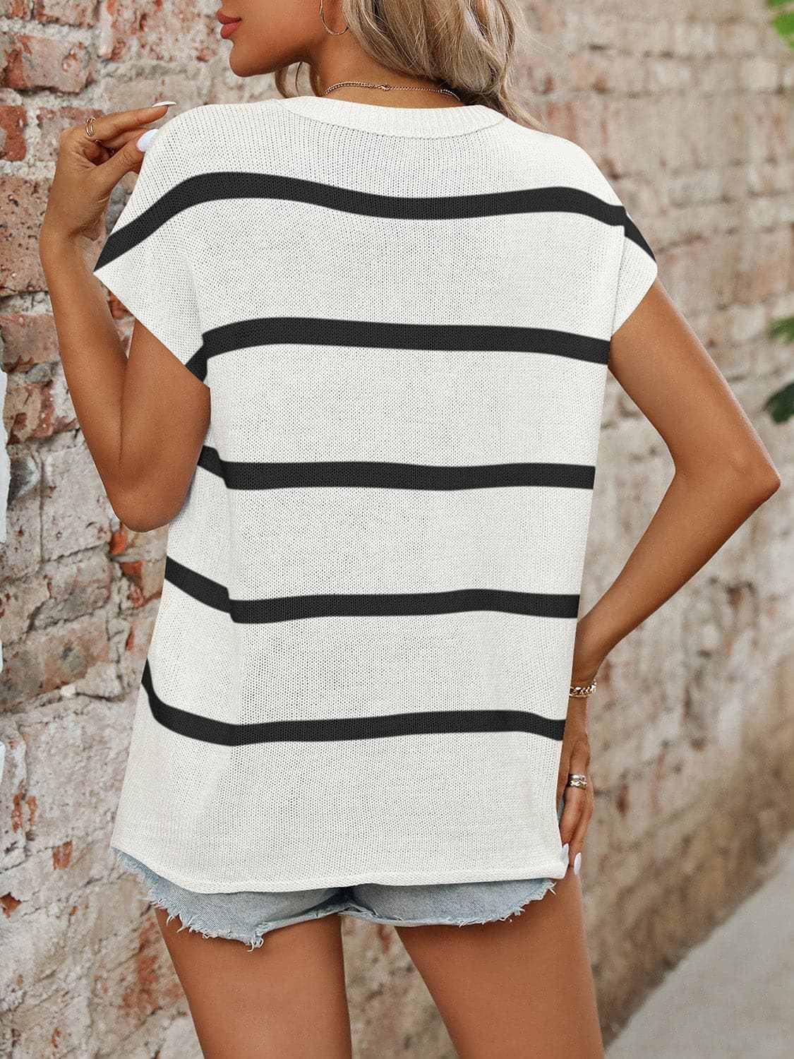 Sweaters Trendsi Chic striped knit top - round neck, short sleeves