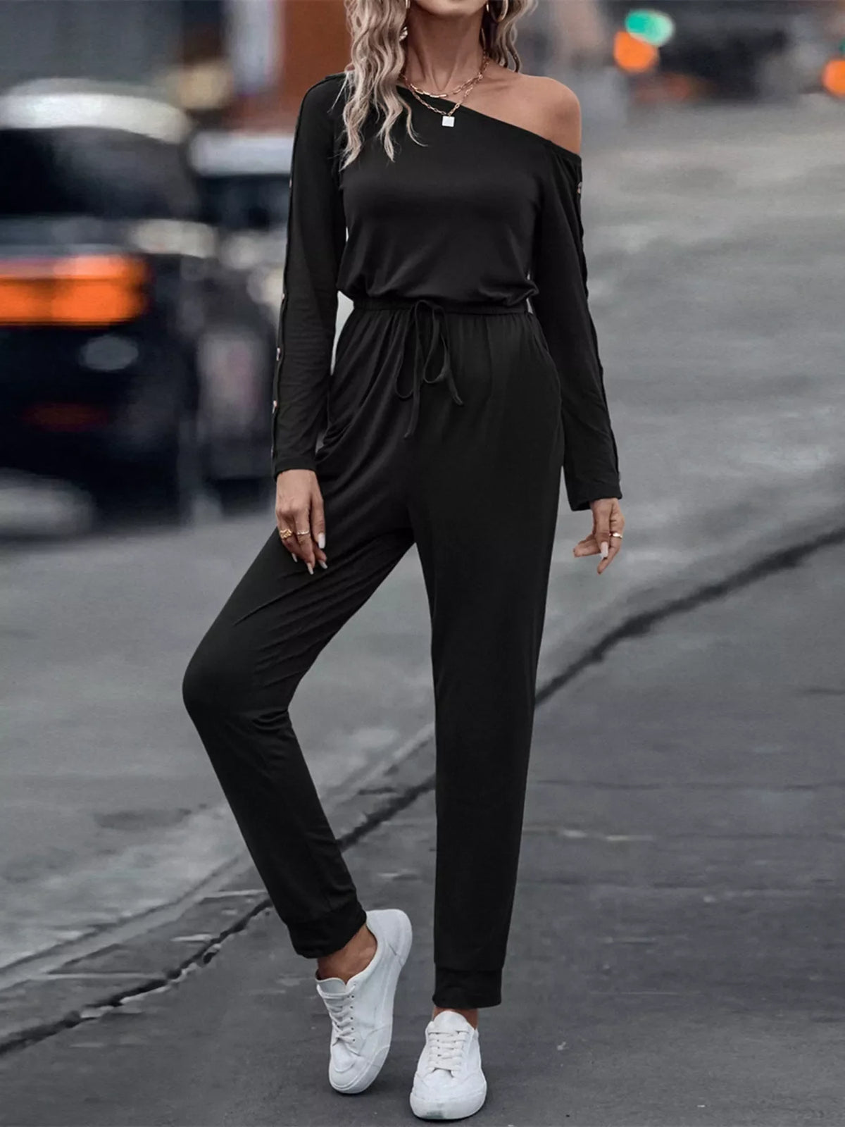 One Shoulder Long Sleeve Jumpsuit
