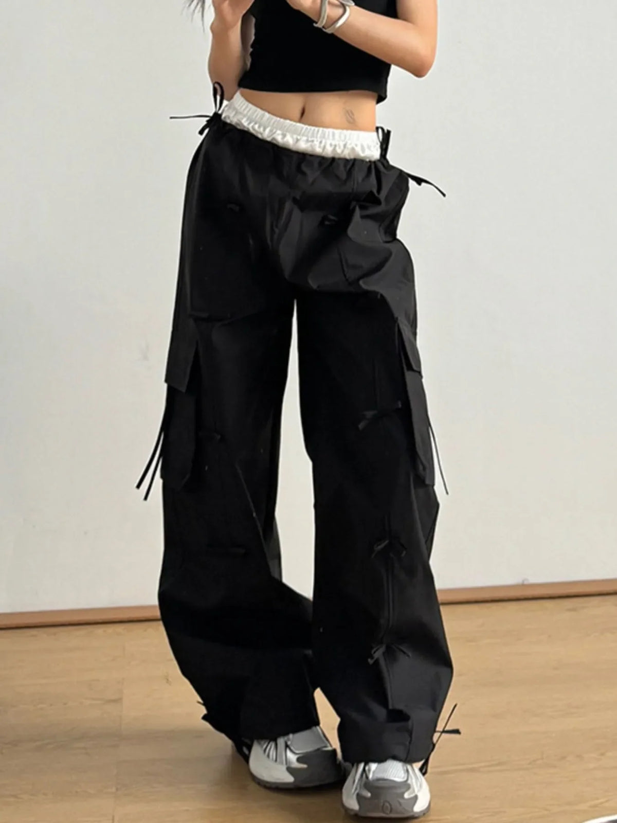 Bow Elastic Waist Cargo Pants