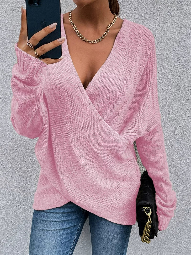 Autumn Winter Fashion V-neck Cross Knit Women Sweater Tops