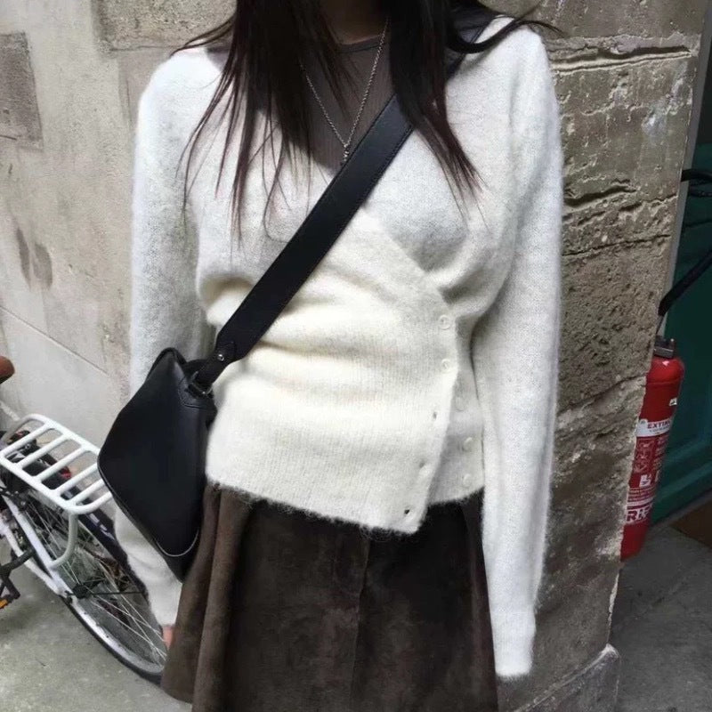 Slimming Long-Sleeved Knitted Sweater With Diagonal Button-Down Design Women's Top