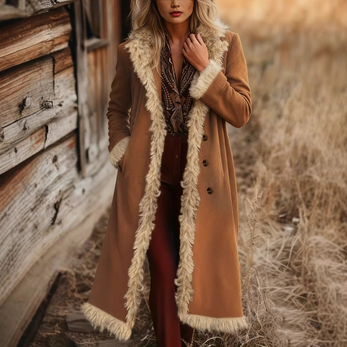 Women's Spring And Autumn Fashion Retro Suede Edge Solid Color Long Wind Jacket