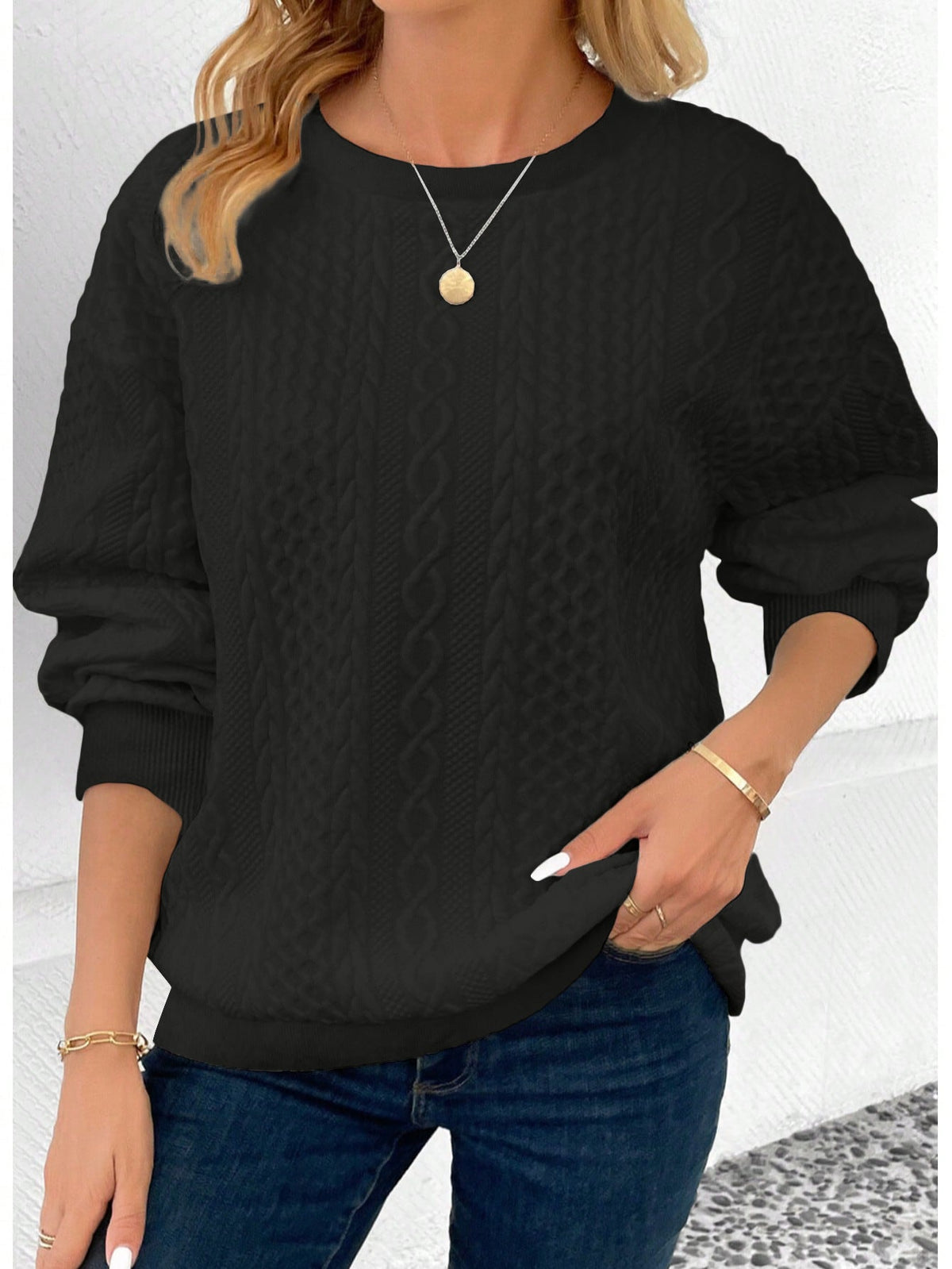 AutumnWinter Plus-Size Women's Knitted Crew-Neck Sweatshirt With Drop Shoulder Sleeves