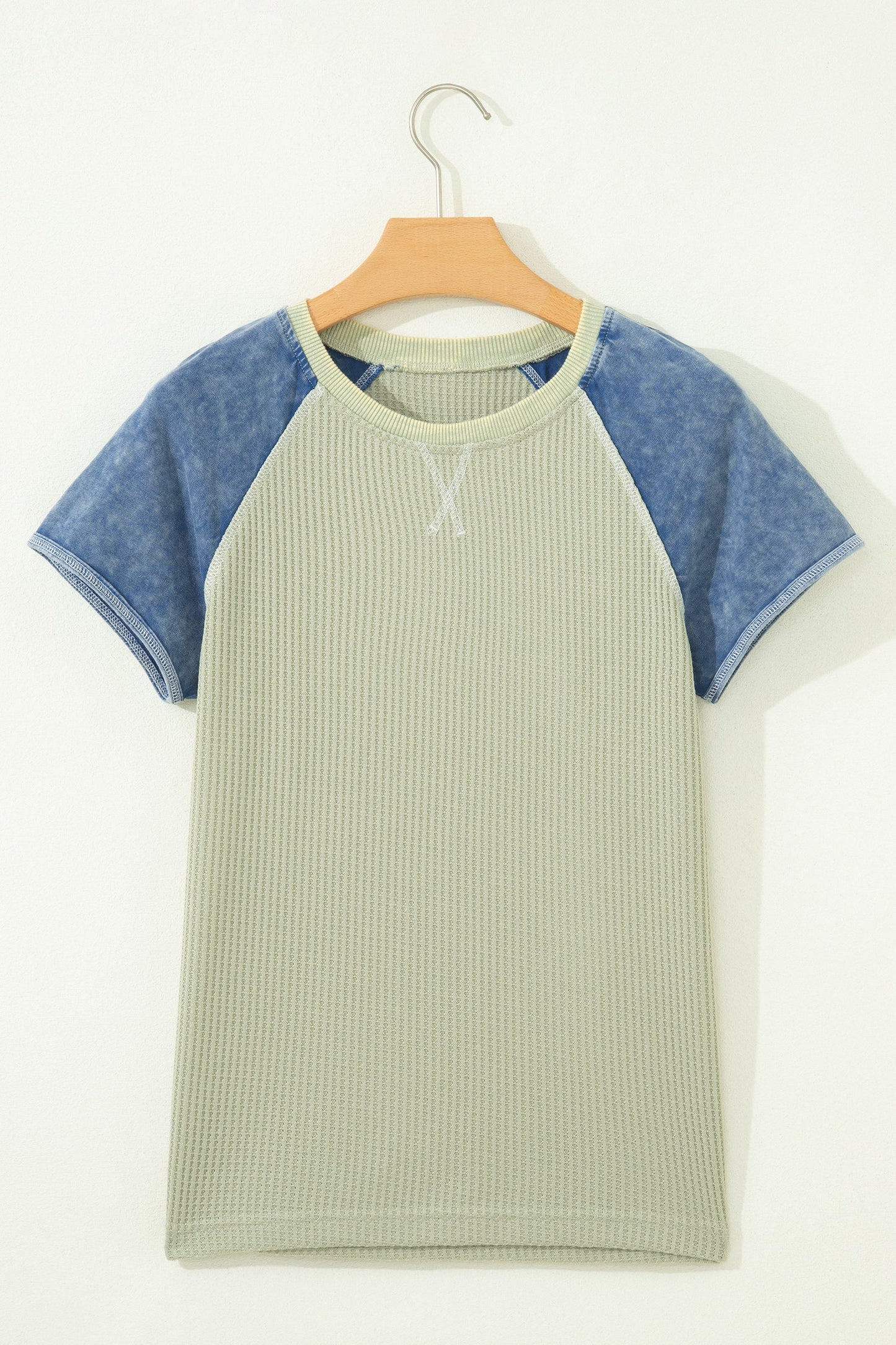 Carbon Grey Waffle Knit Seam Detail Color Block Patchwork Short Sleeve Top