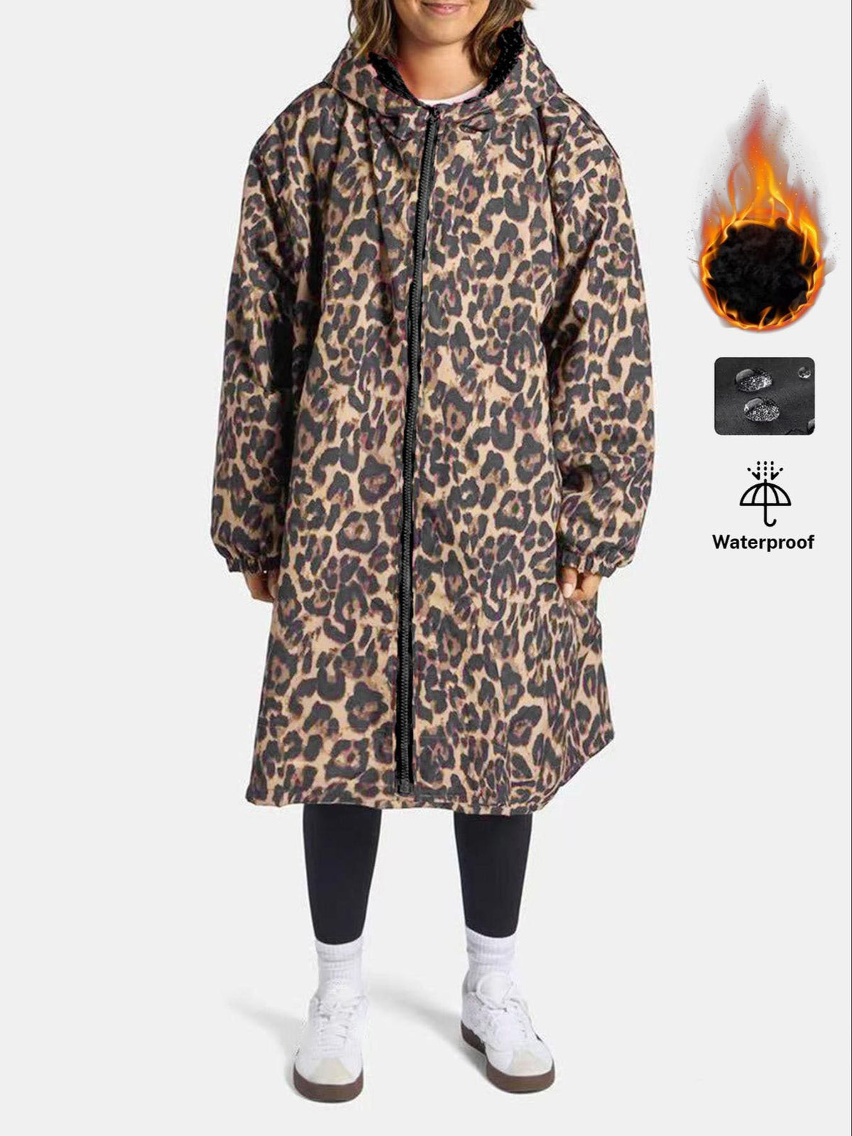 Fleece-lined Hooded Zip-up Leopard-print Coattrench Coat