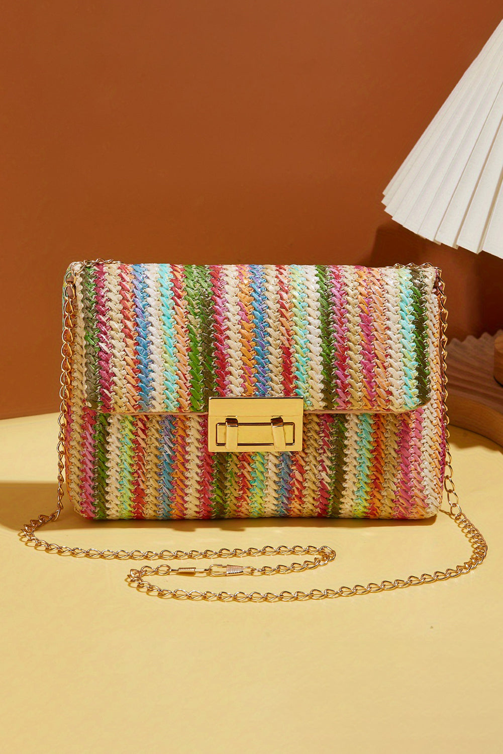 Bolso de Hombro Único con Solapa Rayado y Tejido Color Camel