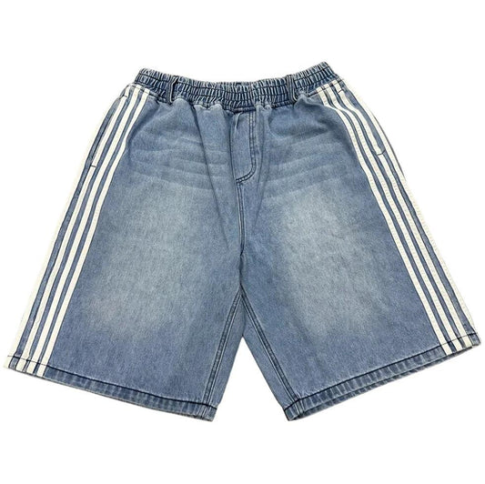 Pantalones cortos anchos de mezclilla a rayas con bordado hip hop
