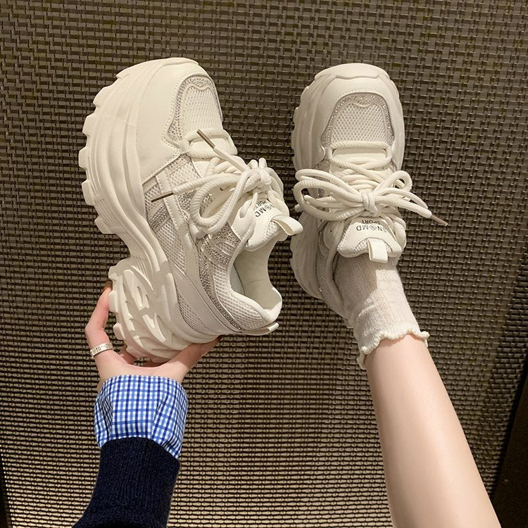 2026 New Arrival Platform Rhinestone Chunky Sneakers Women, Height Increasing 8.5cm Mesh Upper Breathable White Sneakers Versatile Casual Shoes