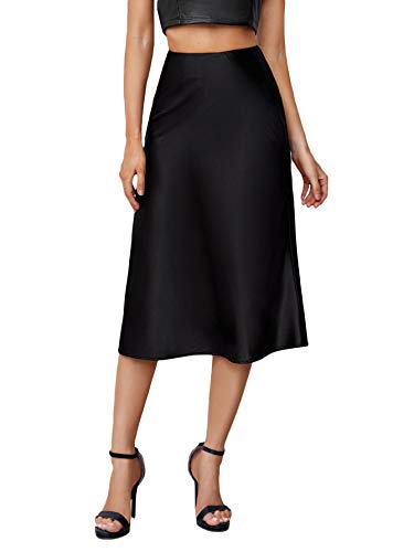Cream Satin Skirt Outfit - Verdusa Womens Elegant High Waist Satin A Line Flared Midi Skirt